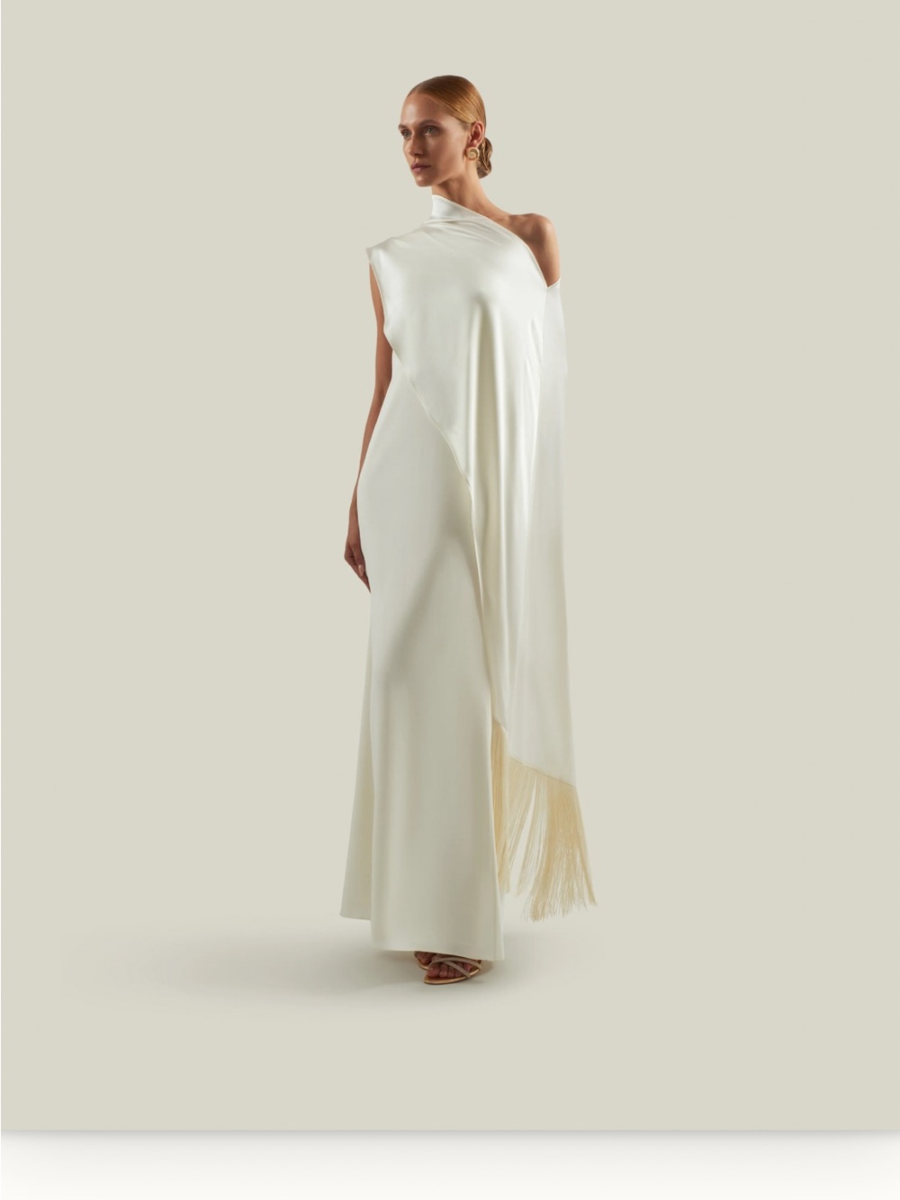 One-Shoulder Ivory Evening Gown with Draped Fringe